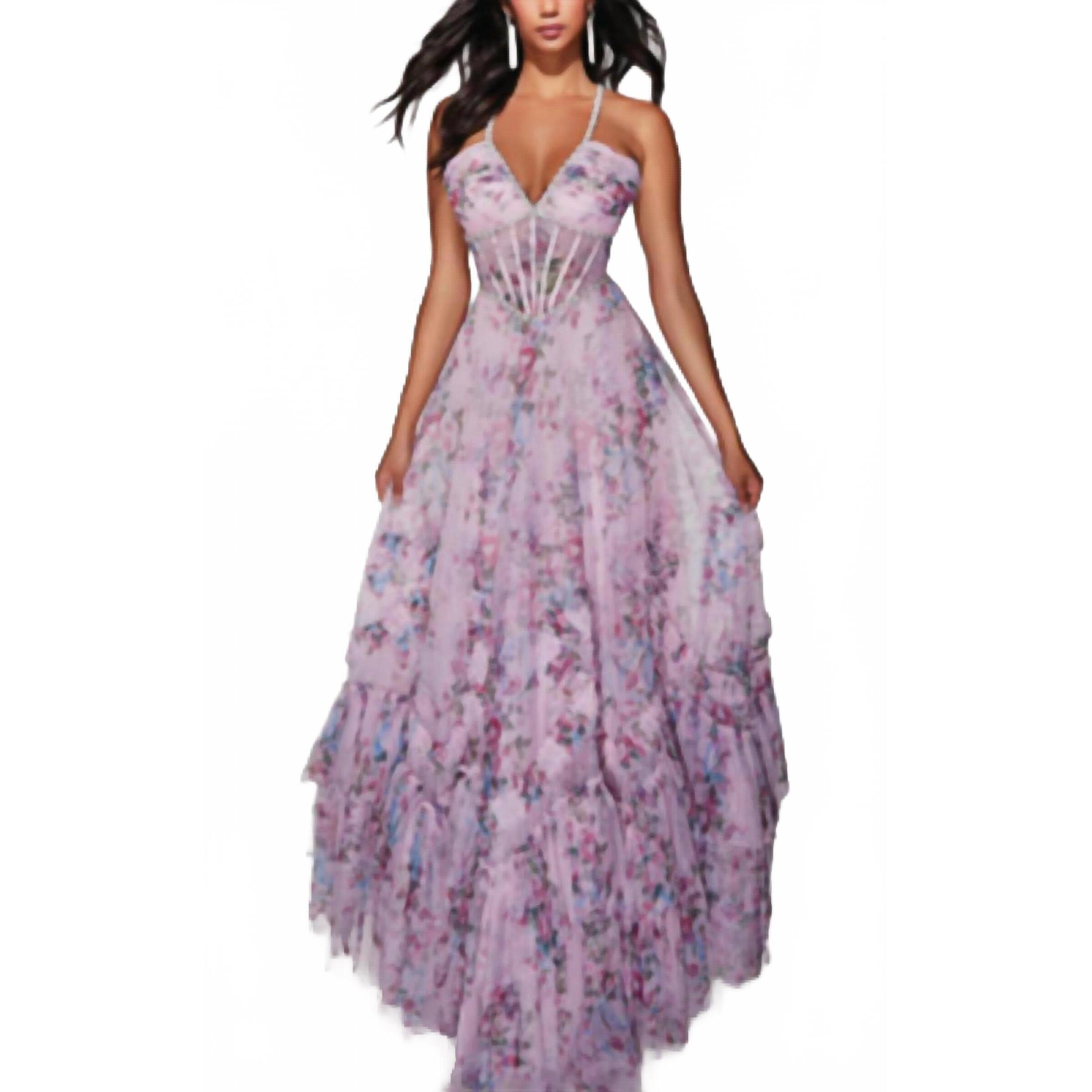 New Alyce Paris Floral A-Line Dress With Pearl Accents In Pink Floral Print